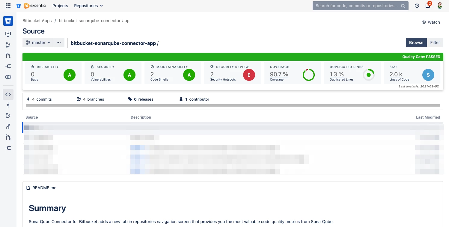 screenshot of SonarQube Connector for Bitbucket